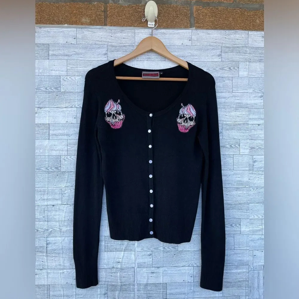 Jawbreaker Zombie Skull Black Pink Cupcake Punk Goth Soft Cardigan small